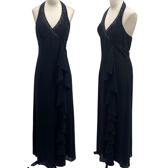 Vintage Y2k Rhinestone Halter Ball Gown V Neck Surplice Ruffle Front Black 4 - Picture 1 of 10
